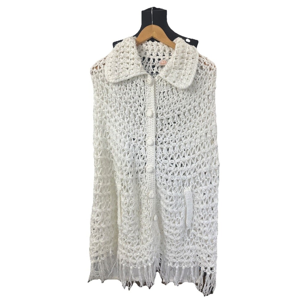 Vtg Lady Bonaire Poncho Crochet Long Fringe Collared Button Front Cape